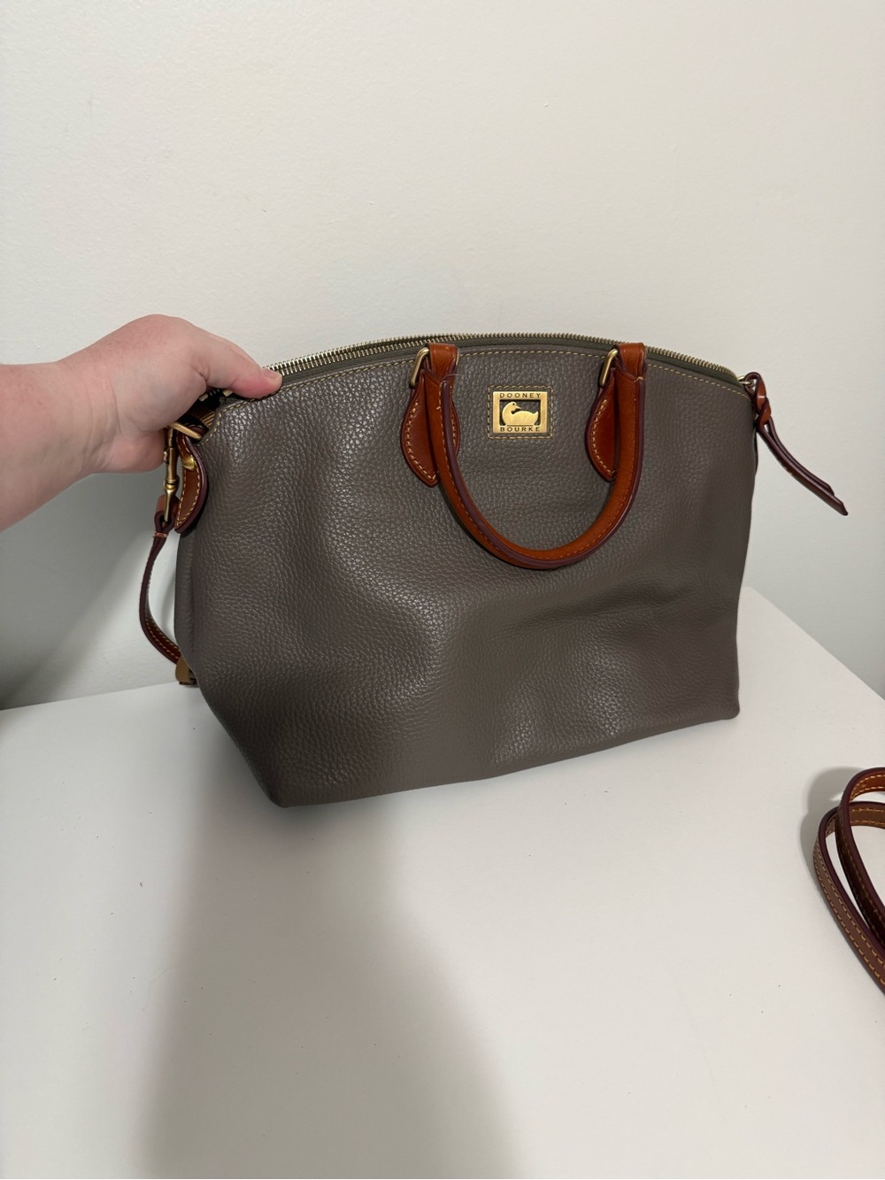 Dooney & Bourke Taupe Pebbled Leather Satchel with Brown Trim